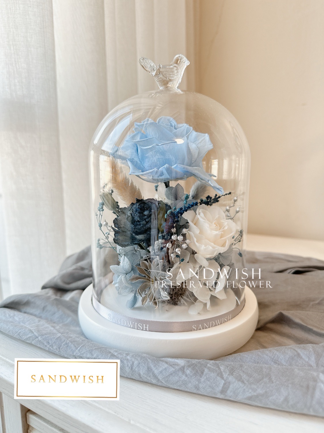 永生花罩鐘-迷霧藍(中型)