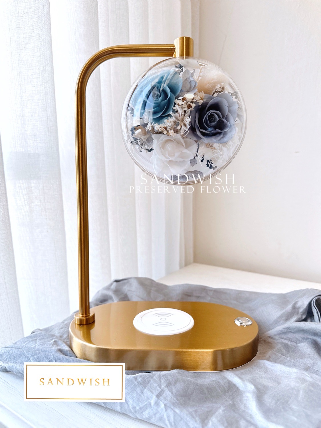 永生花無線充電夜燈-迷霧藍-SANDWISH
